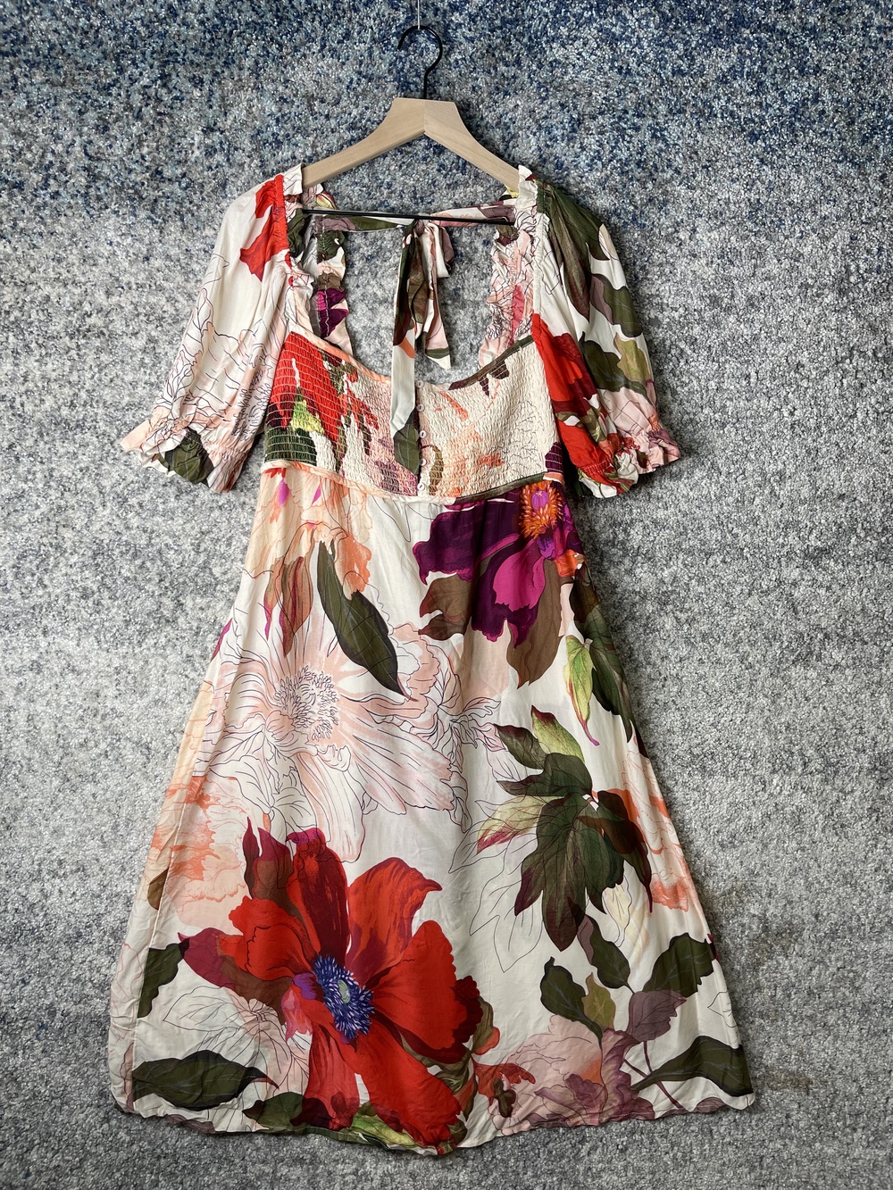 Anthropologie Dress Womens Medium Floral Puff Sleeve Boho Midi Smocked Tie Back